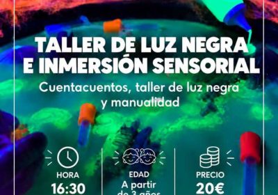 Cartel del Taller de luz negra e inmersión sensorial en Camping Costa da Morte