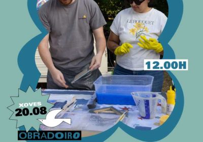 Cartel del obradoiro de reciclaje de papel con Lu Papeterie en Camping Lago-Mar, Muxía, el 20 de agosto de 2026