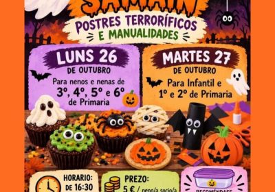 Cartel do obradoiro de Samaín 2026 con sobremesas terroríficas e manualidades no CEIP dos Muíños de Muxía