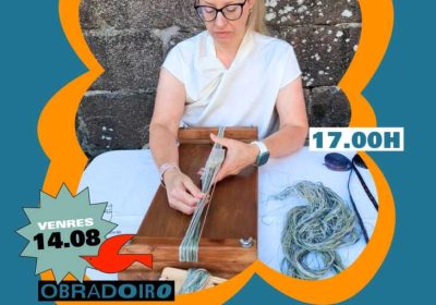 Cartel del taller de tejido egipcio con Sarah Barrientos en Lagomar Camping, el 14 de agosto a las 17:00 horas