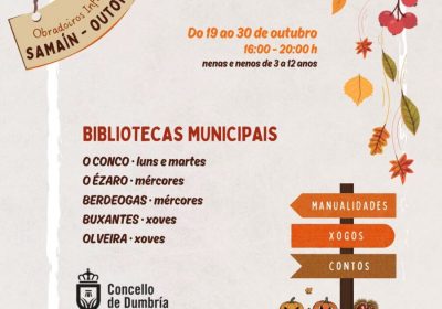 Cartel de los talleres infantiles de Samaín y otoño en las bibliotecas municipales de Dumbría, del 19 al 30 de octubre de 2026