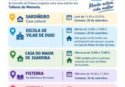 Cartel dos Talleres de Memoria do Concello de Fisterra, con horarios e localizacións de setembro e outubro de 2026.