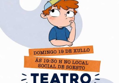 Cartel de la obra de teatro «Mario pensaba que o galego non servía para nada» en el Local Social de Soesto