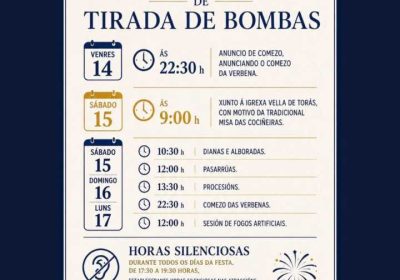 Cartel con el horario de tirada de bombas, fuegos artificiales y horas silenciosas de las Festas da Laracha 2026
