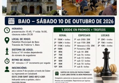 Cartel del torneo de ajedrez en Baio, Zas, válido para el Circuito Intercomarcal da Coruña 2026