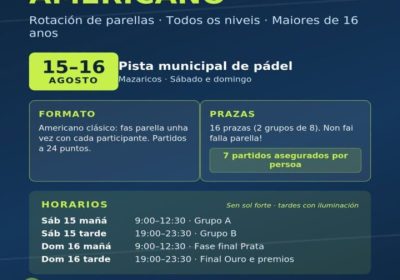 Cartel del Torneo Amateur de Pádel Americano del Verán Deportivo 2026 en Mazaricos