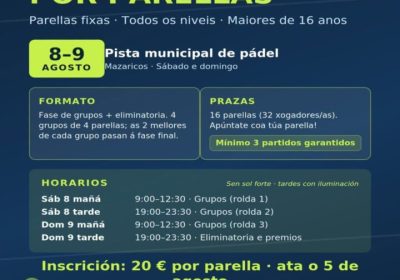Cartel del Torneo Amateur de Pádel por Parejas del Verán Deportivo 2026 en Mazaricos