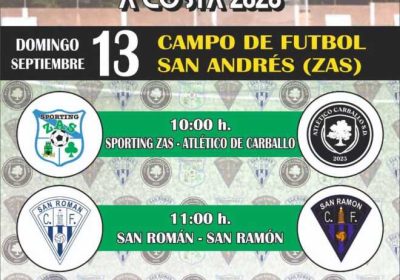 Cartel del Torneo Supercopa Veteranos A Costa 2026 en el campo de fútbol San Andrés de Zas