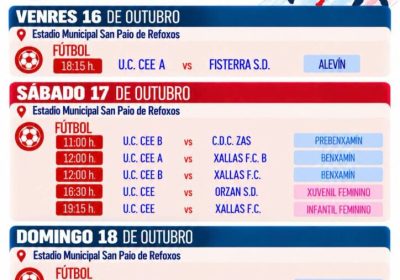 Cartel de la axenda deportiva de Cee, fin de semana del 16 al 18 de octubre de 2026.