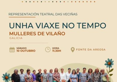 Cartel de «Unha viaxe no tempo» do FITVI en Vilaño, representación teatral das mulleres de Vilaño o 10 de outubro ás 11:30 h no Río de Lavar da Areosa.