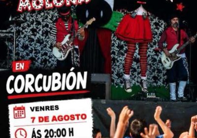 Cartel de la actuación de Uxía Lambona e a Banda Molona en el Campo do Rollo de Corcubión el 7 de agosto a las 20:00 horas