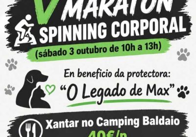 Cartel de la V Maratón de Spinning Corporal a beneficio de la protectora O Legado de Max, el 3 de octubre de 2026 en Carballo.