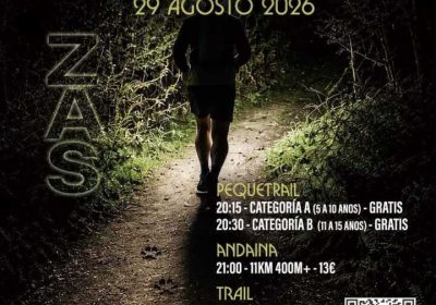 Cartel del VII Trail Nocturno A Cova do Lobo en Zas, con pequetrail, andaina y trail el 29 de agosto de 2026
