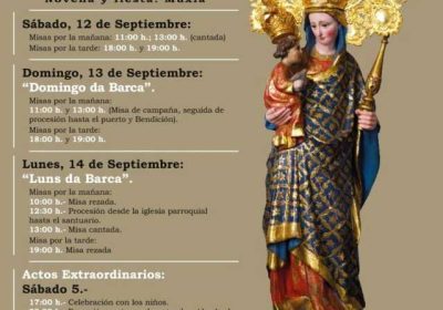 Cartel de la Virxe da Barca 2026 en Muxía con los horarios de la novena y las misas de fiesta