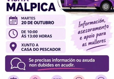 Cartel da visita do CIM Móbil a Malpica o 20 de outubro de 2026, de 10:00 a 13:00, xunto á Casa do Pescador.