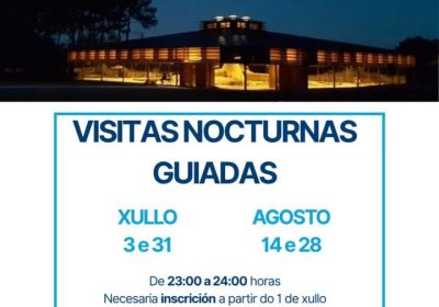 Cartel de las visitas nocturnas guiadas al Centro Arqueológico Dolmen de Dombate en julio y agosto de 2026