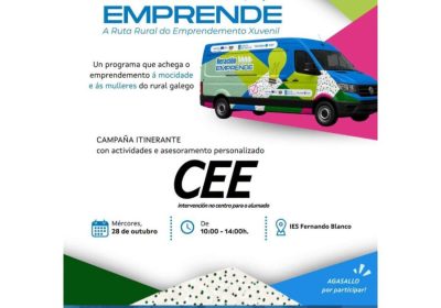 Cartel de Xeración Emprende en Cee: campaña de emprendemento xuvenil o 28 de outubro de 2026 no IES Fernando Blanco.