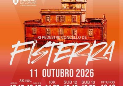 Cartel de la XI Carreira Pedestre Concello de Fisterra, el 11 de octubre de 2026, prueba final del circuito Correndo pola Costa da Morte.