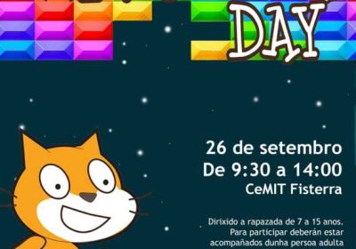 Cartel do XI Scratch Day 2026 na Aula CeMIT Fisterra, xornada de programación e robótica para rapazada de 7 a 15 anos