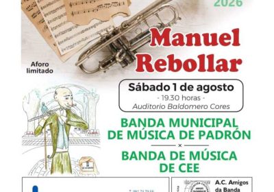 Cartel del XV Memorial Manuel Rebollar en Cee, con las bandas de música de Padrón y Cee