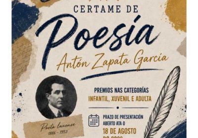 Cartel del XX Certame de Poesía Antón Zapata García de Laxe, con plazo de presentación hasta el 18 de agosto de 2026