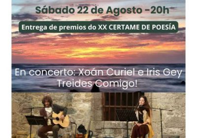 Cartel del XX Solpor Poético en la Praia dos Cristais de Laxe, con entrega de premios y concierto de Xoán Curiel e Iris Gey