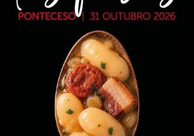 Cartel oficial de la XXXIV Feira das Fabas de Ponteceso del 31 de octubre de 2026, con un plato tradicional de fabas.