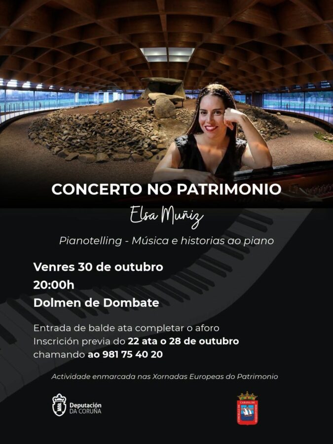 Cartel del concierto Pianotelling de Elsa Muñiz en el Dolmen de Dombate el 30 de octubre de 2026.