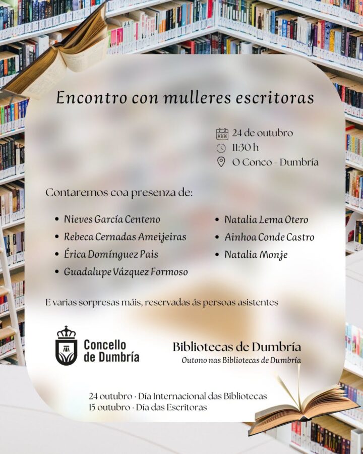 Cartel del encuentro con mujeres escritoras en O Conco, Dumbría, el 24 de octubre a las 11:30.