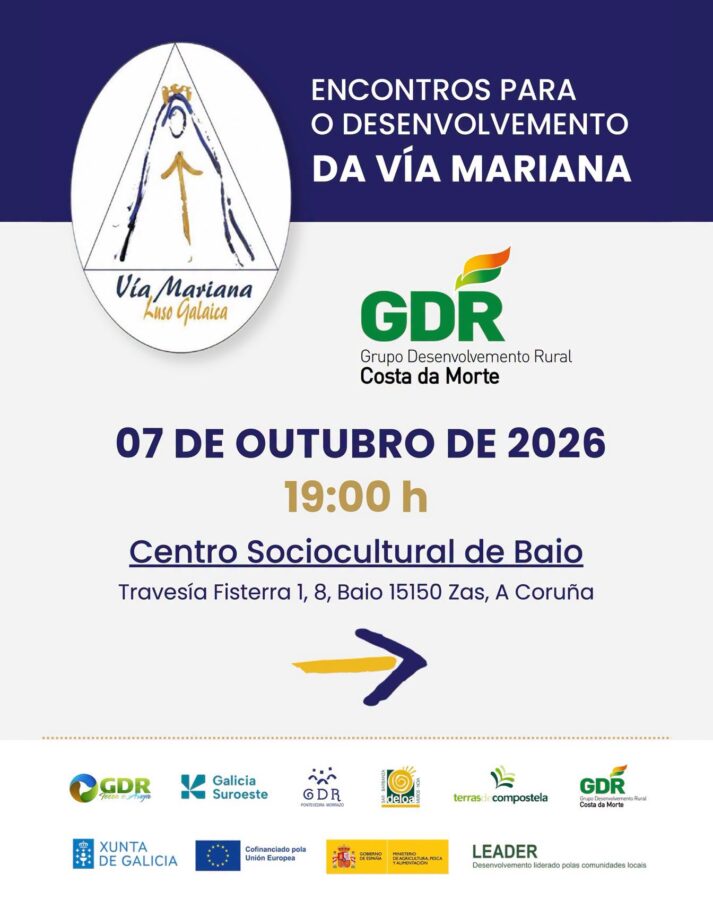 Cartel dos Encontros para o desenvolvemento da Vía Mariana en Baio, o 7 de outubro de 2026 ás 19:00