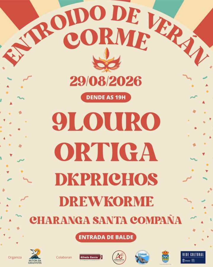 Cartel del Entroido de Verán de Corme 2026, con actuaciones musicales el 29 de agosto desde las 19:00 horas