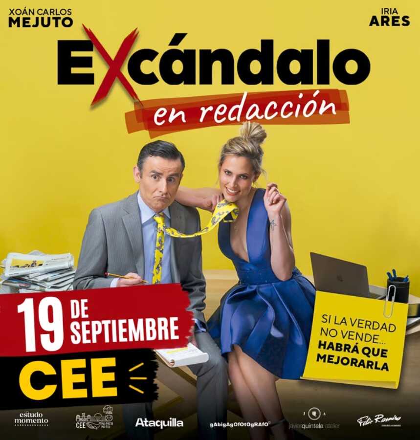Cartel de Escándalo en Redacción, comedia teatral en la Casa da Cultura de Cee el 19 de septiembre de 2026