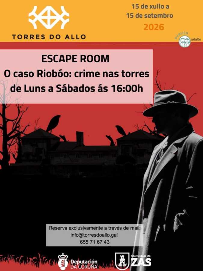 Cartel del Escape Room O caso Riobóo: crime nas torres en las Torres do Allo, del 15 de julio al 15 de septiembre de 2026