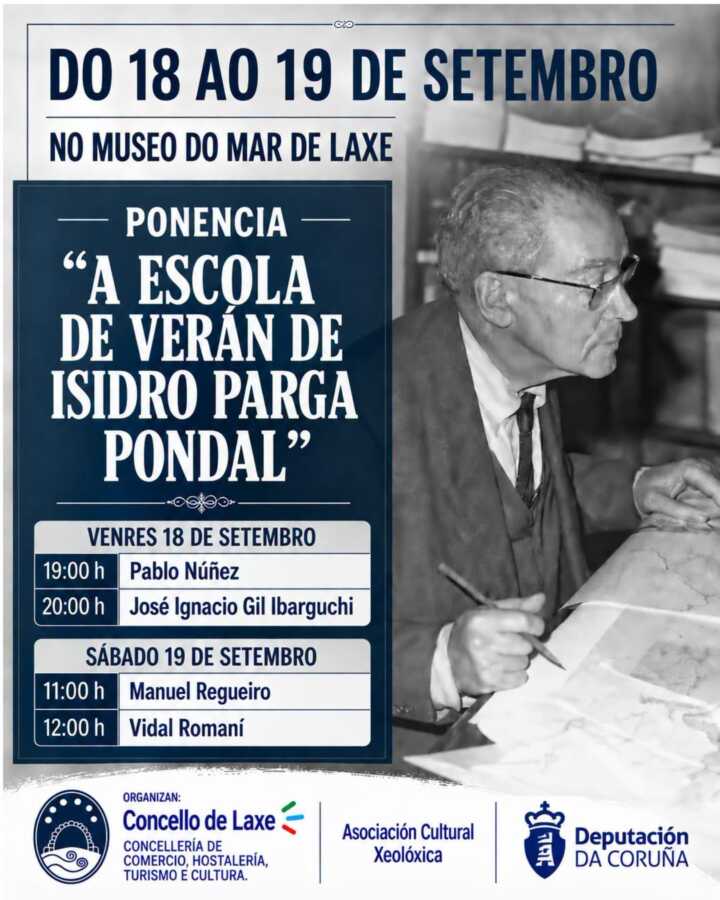 Cartel de la Escola de Verán de Isidro Parga Pondal en el Museo do Mar de Laxe, 18 y 19 de septiembre de 2026