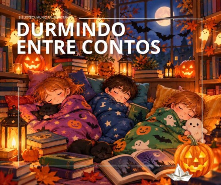 Cartel de Durmindo entre contos, noche literaria Esperta na Biblioteca en Coristanco, del 23 al 24 de octubre de 2026.