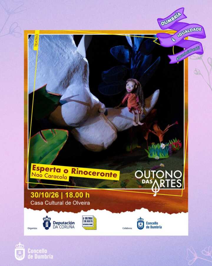 Cartel da obra Esperta o Rinoceronte de Nao Caracola na Casa Cultural de Olveira o 30 de outubro de 2026.