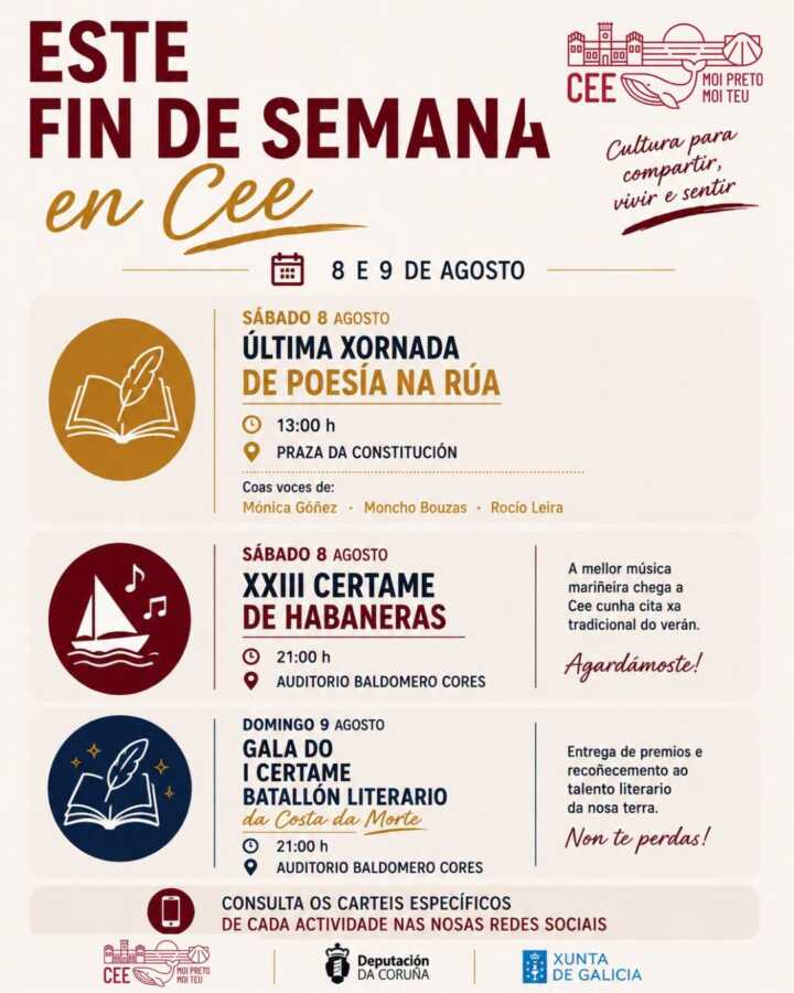 Cartel Este fin de semana en Cee, con actividades culturales los días 8 y 9 de agosto