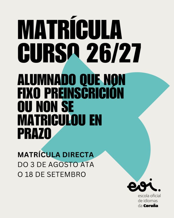 Cartel da matrícula do curso 2026/27 da Sección de Cee da Escola Oficial de Idiomas da Coruña