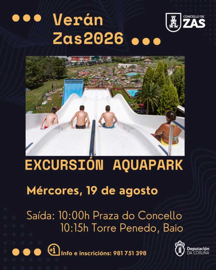 Cartel de la excursión al aquapark del programa Verán Zas 2026