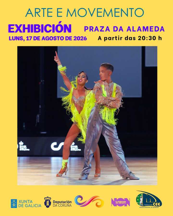 Cartel de la exhibición Arte e Movemento en la Praza da Alameda de Cee, el 17 de agosto de 2026