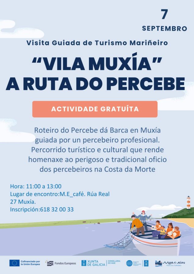 Cartel de la experiencia Vila Muxía, visita guiada de turismo mariñeiro sobre el percebe en Muxía el 7 de septiembre.