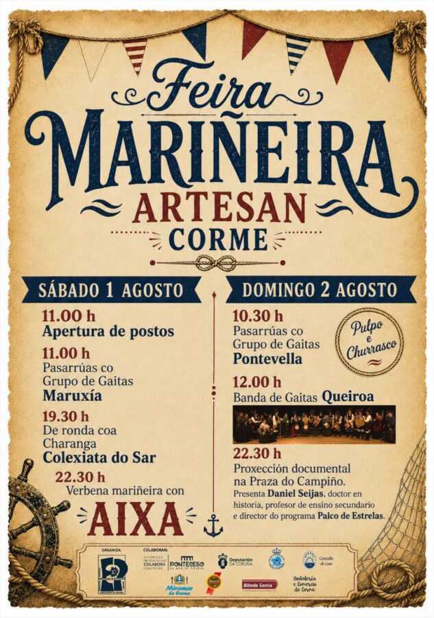Cartel de la Feira Mariñeira Artesá de Corme, con puestos, música tradicional, verbena y proyección documental