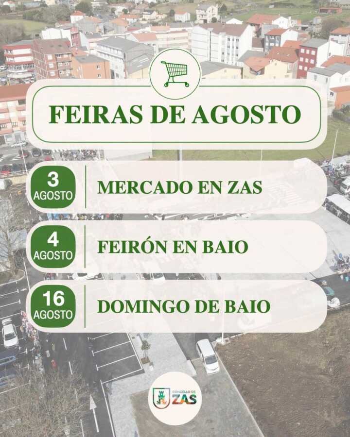 Cartel de las Ferias de agosto de 2026 en Zas y Baio, con las fechas del Mercado en Zas, el Feirón en Baio y el Domingo de Baio.