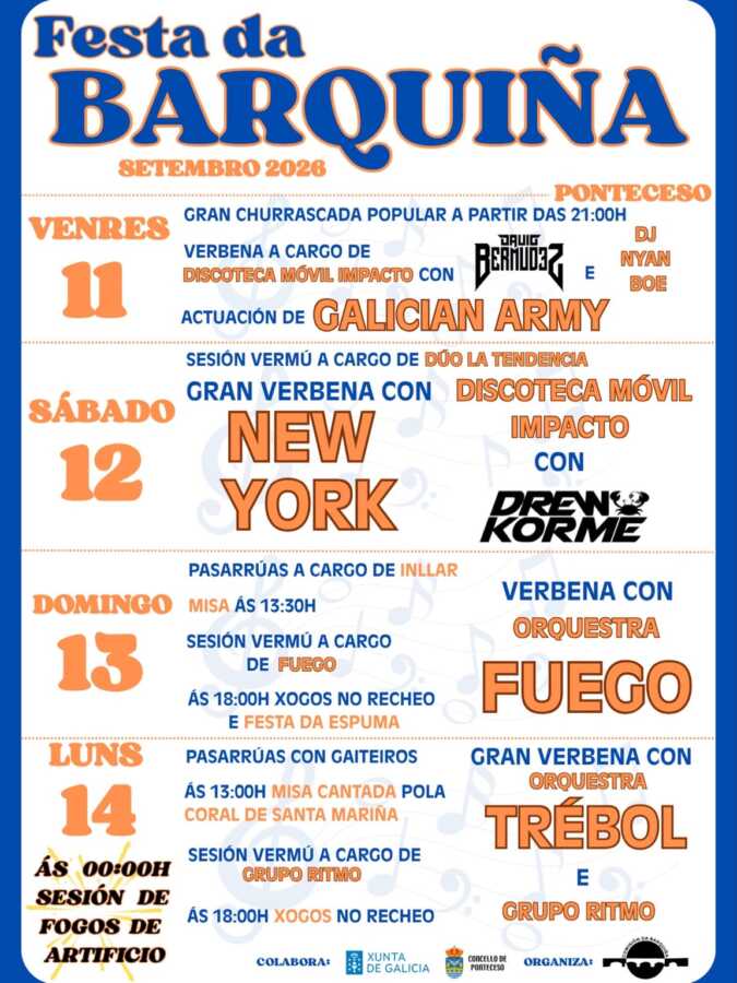 Cartel da Festa da Barquiña 2026 en Ponteceso, do 11 ao 14 de setembro
