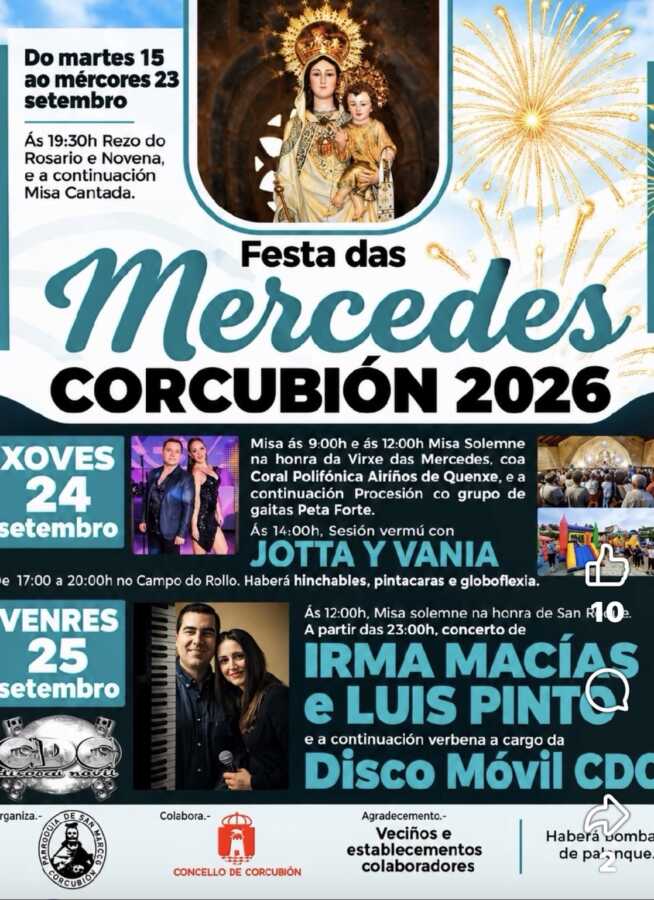Cartel de la Festa das Mercedes 2026 en Corcubión, con programa religioso, música, verbena y actividades infantiles