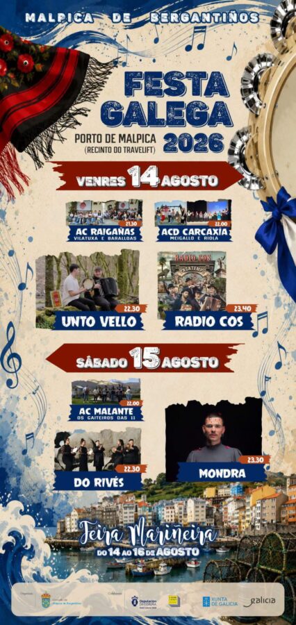 Cartel de la Festa Galega 2026 en el Porto de Malpica, con actuaciones los días 14 y 15 de agosto