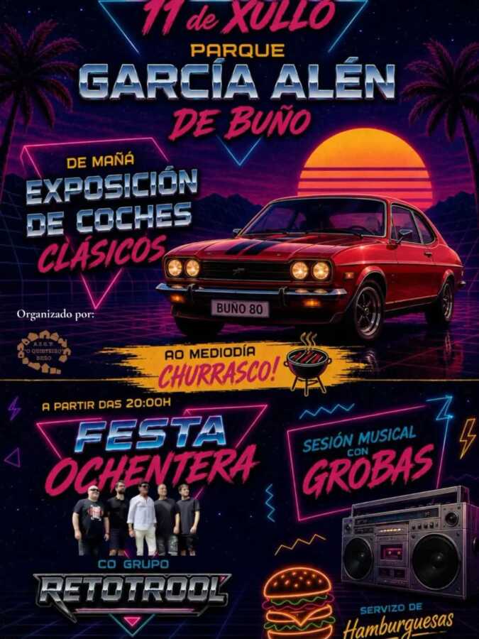 Cartel de la jornada ochentera en el Parque García Alén de Buño, el 11 de julio de 2026