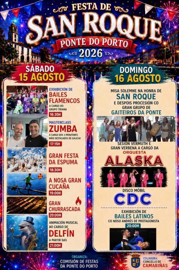 Cartel de la Festa de San Roque 2026 en A Ponte do Porto, con actividades, música y verbena