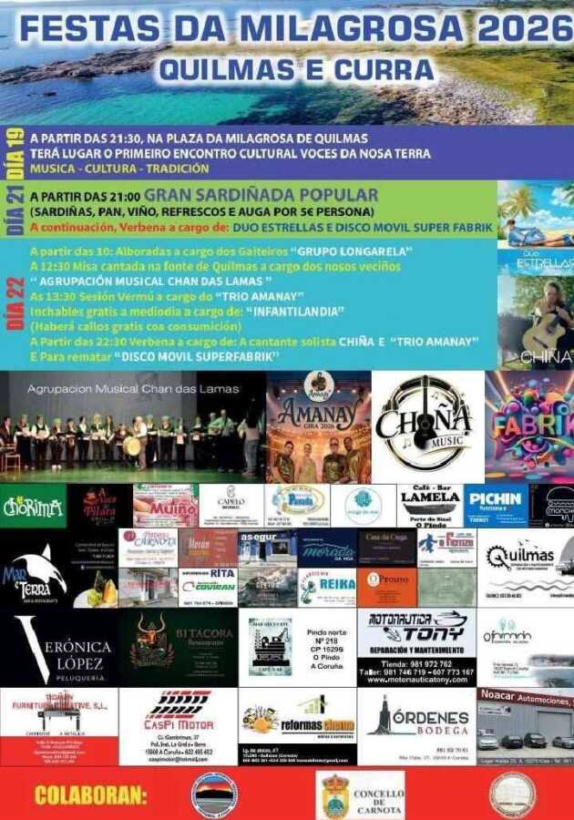 Cartel de las Festas da Milagrosa 2026 en Quilmas e Curra, Carnota