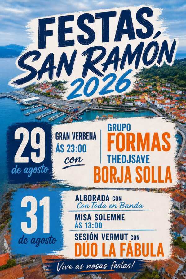 Cartel de las Festas de San Ramón 2026 en Camariñas, con programación del 29 y 31 de agosto.